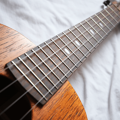 The fretboard of a ukulele